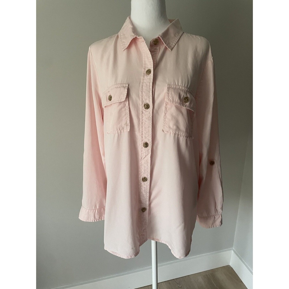 Charter Club‎ L 100% Lyocell Button Up Powder Pink Roll Tab Long Sleeve Spring